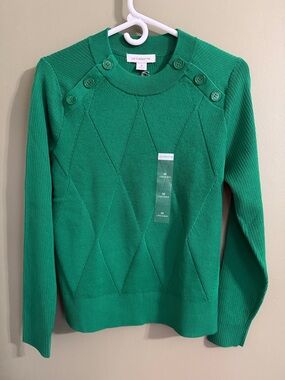 Liz Claiborne Emerald Green Button-Shoulder Crewneck Sweater
